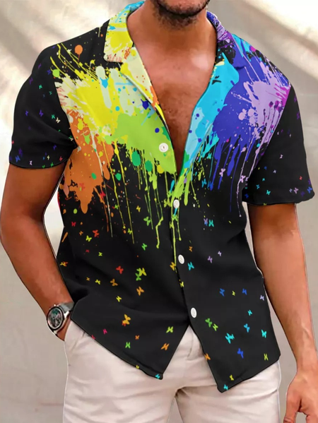 

Fun Graffiti Print Short Sleeve Ombre Shirt Collar Shirts & Tops, Black, Shirts