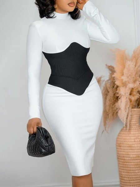 

Lady Long Sleeve Skinny Solid Midi Dress, Black-white, Midi Dresses