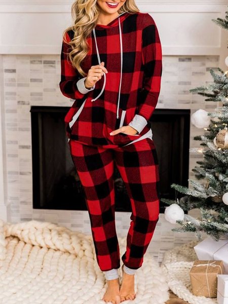 

Plaid Hooded Long Sleeve Casual Household Suits, Red, Two-piece Outfits