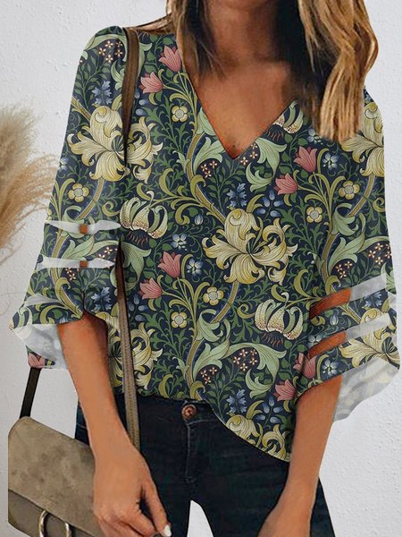 

Temperament Chiffon Shirt Printed Three-quarter Sleeve Lace Edge Ethnic Holiday Style Casual Top, Green, Long sleeve tops
