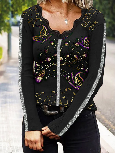 

Butterfly Floral Vacation Cotton Blends Lace stitching Shirts & Tops, Black, Tops