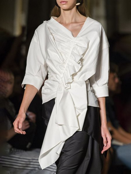 

Daily V neck Off Shoulder Regular Fit Top, White, Blouses and Shirts