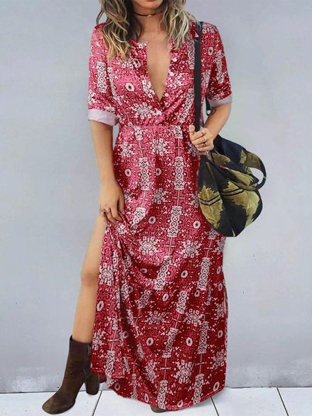 

Printed V Neck Long Sleeve Boho Maxi Dresses, Red, Maxi Dresses