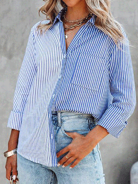 

Striped contrast print long-sleeved single-breasted women's shirt, Blue, Blouses & Shirts