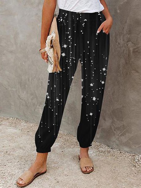 

White Shiny Stars Print Casual Pants, Black, Pants