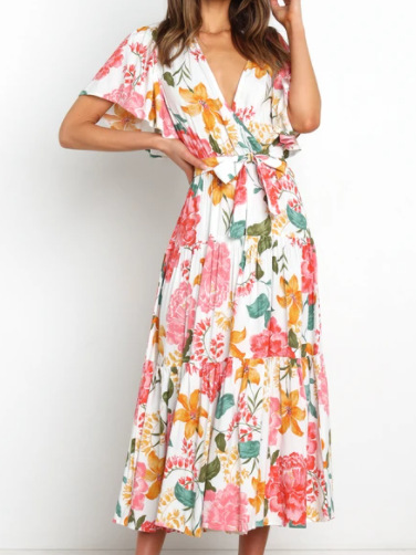 

Floral Loosen Cross Front Weaving Dress, Pink-white, Midi Dresses