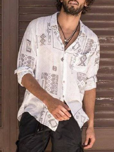 

National Wind leisure Cotton Short Sleeve Shirt, White, Men's Floral shirt