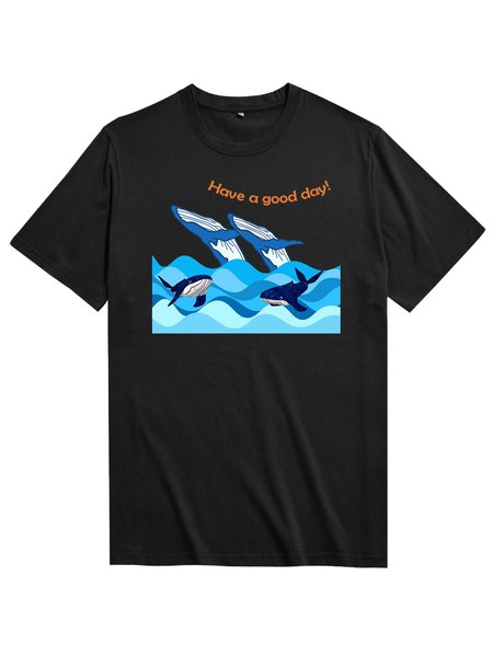 

Unocis Whale Print Round Neck Short Sleeve T-Shirt, Black, T-shirts