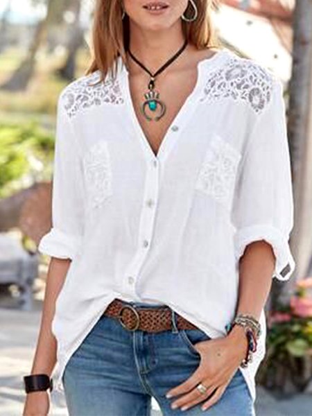 

V Neck Vacation Buttoned Shirts & Tops, White, Blouses & Shirts