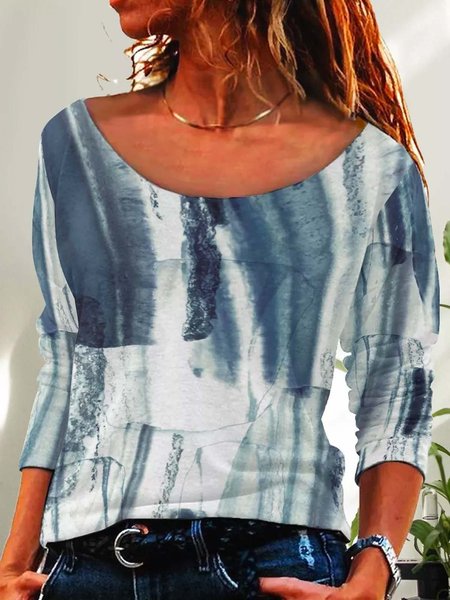 

Abstract Painting Casual Scoop Neckline Shirts & Tops, Blue, Long sleeves