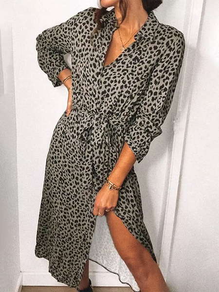 

Casual Leopard Turn-Down Collar Slit Long Sleeve Midi Dresses, Casual Dresses