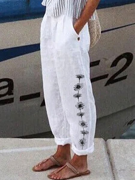 

JFN Daisy Floral Pocketed Casual Pants White, Pants