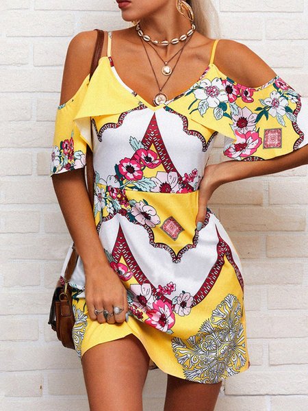 

Casual V neck Floral Loosen Short sleeve Dresses, Yellow, Mini Dresses