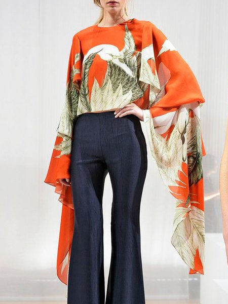 

Crew Neck Regular Fit Abstract Elegant Top, Orange, Blouses and Shirts