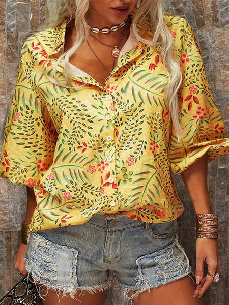 

Casual Floral Lapel Three Quarter Loosen Shirts & Tops, Yellow, Blouses & Shirts