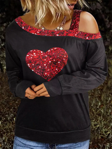 

Cold Shoulder Valentine Heart Casual One Shoulder Shirts & Tops, Black, Tops