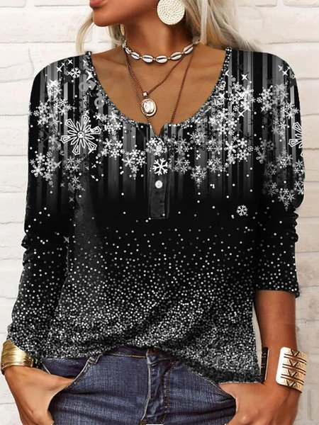 

Casual Crew Neck Ombre Snowflake T-shirt, Black-white, Tops