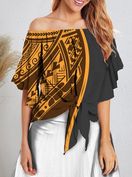 

Chiffon short-sleeved retro ethnic gradient printing one-word collar leaky shoulder sexy flared sleeve blouse knotted hem, Yellow, T-Shirts