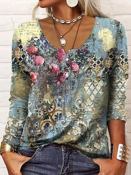 

Women's Floral Abstract Painting Round Neck Tops, Multicolor, Tops