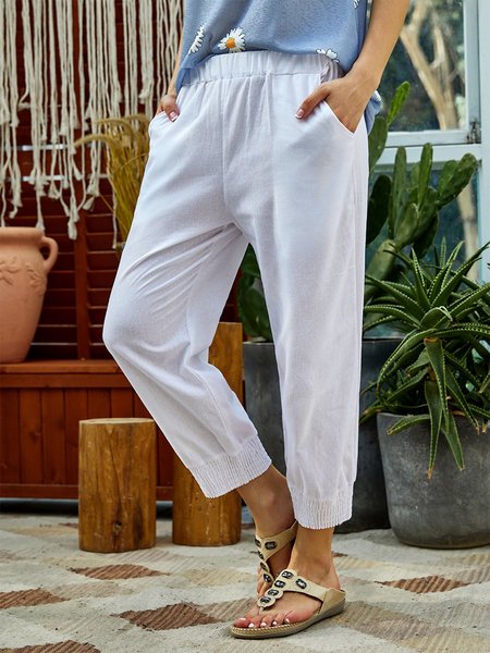 

Pockets Plain Cotton Pants, White, Pants