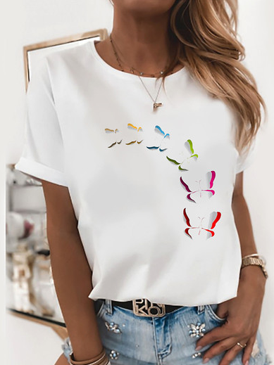 

Butterfly Cotton Blends Loosen Crew Neck Shirts & Tops, White, Tees & T-shirts