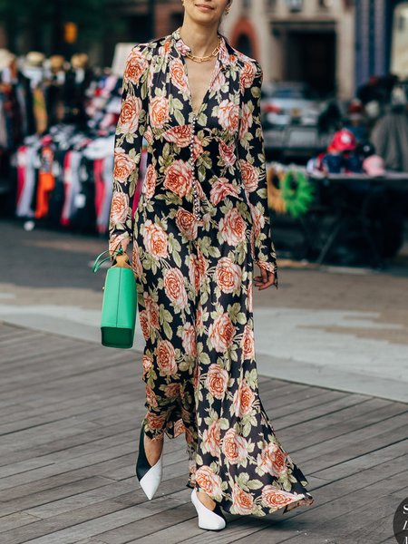 

Floral Elegant Notched Long sleeve Dress, Multicolor, Maxi Dresses