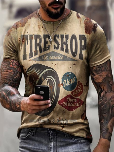 

Men's Route 66 Cultural Elements Graphic Print Round Neck Short Sleeve Tee, White-brown, T-shirt