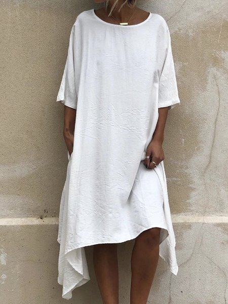

Plain Cotton Irregular Craftsmanship Dresses, White, Midi Dresses