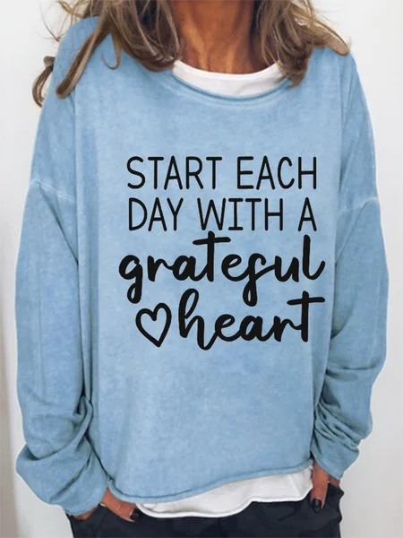 

Start Each Day With A Grateful Heart Letter Crew Neck Sweatshirt, Light blue, Hoodies&Sweatshirts