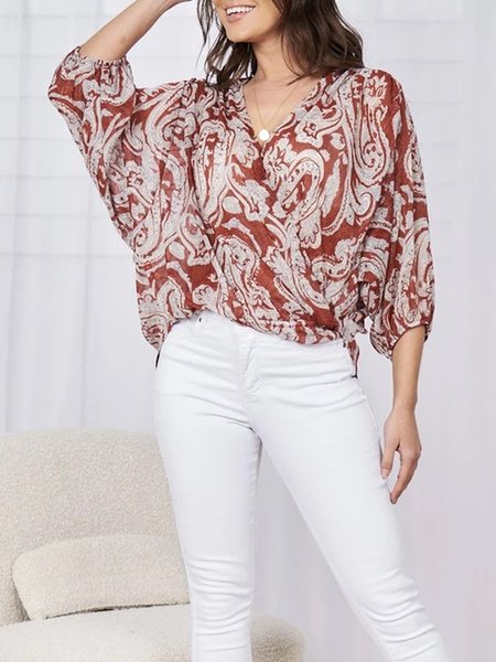 

Paisley ethnic print casual style design blouse, Multicolor, Tops