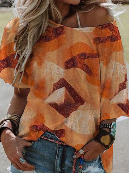

Boat Neck Cotton Blends Loosen Shirts & Tops, Flower, T-Shirts