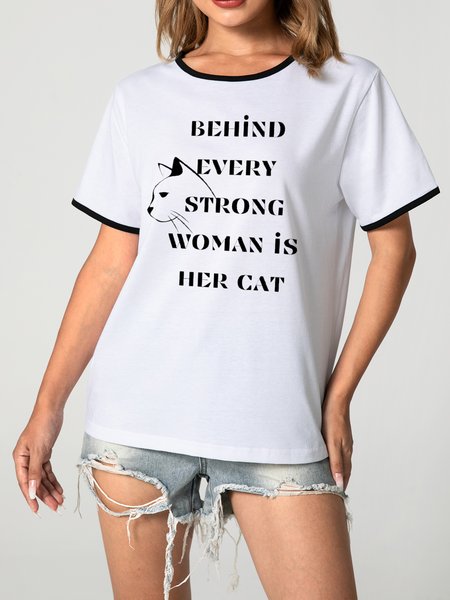 

Unocis Cat Print Round Neck Short Sleeve Ringer Tee, Black, T-shirts