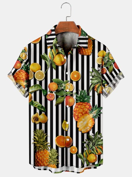 

Tropical Fruit and Striped Graphic Short Sleeve Casual Men's Shirt, As picture, Men's Floral shirt