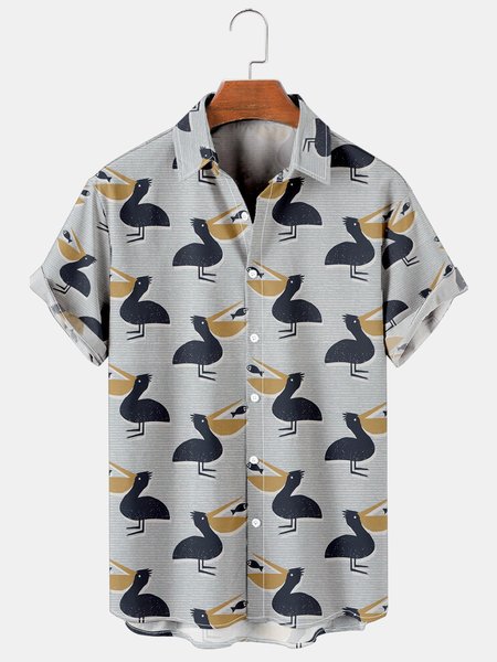 

Mens Pelican Print Casual Breathable Short Sleeve Shirt, Light blue, Men's Floral shirt