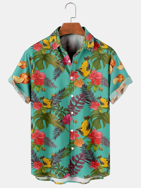 

Plant Flower Bird Graphic Casual Short Sleeve Hawaiian Men's Shirt, As picture, Men's Floral shirt