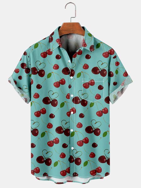 

Cherry Graphic Short Sleeve Casual Men's Shirt, As picture, Shirts ＆ Blouse