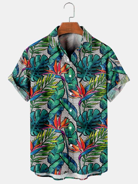 Tropical Plant Graphic Short Sleeve Casual Mens Shirt, As picture, Men's Floral shirt