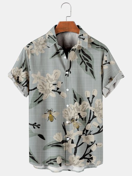 

Mens Retro Floral Print Casual Breathable Short-Sleeved Shirt, Gray, Shirts ＆ Blouse