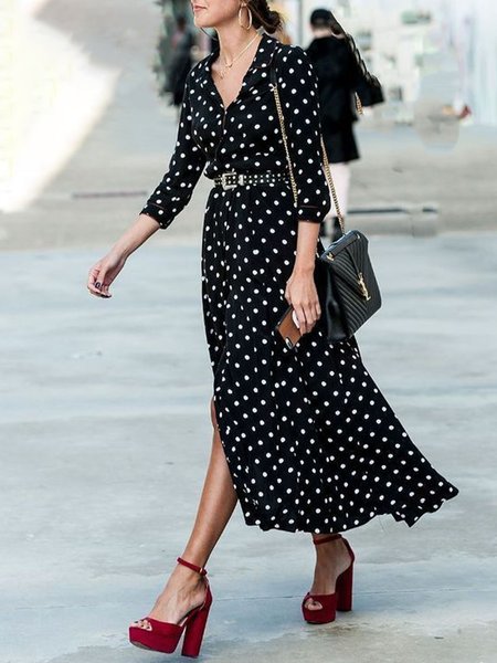 

Elegant Polka Dots Loosen Maxi Dress, Black, Midi Dresses