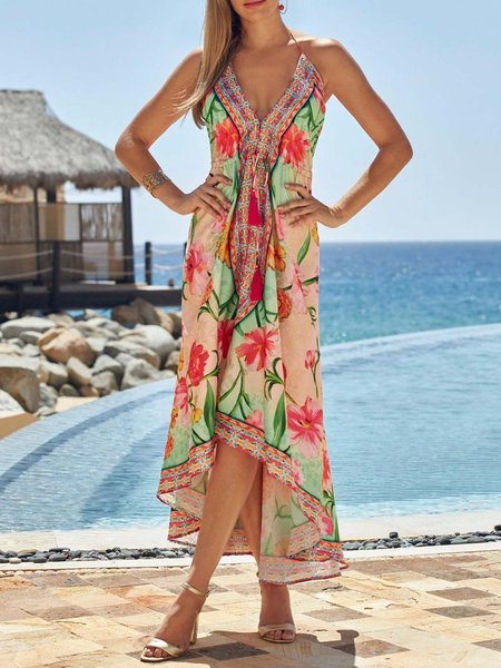 

V-neck floral beach holiday dress with suspenders, Multicolor, Boho dresses
