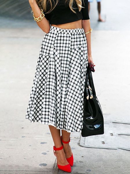

Grid Loosen A-Line Midi Casual Skirt, Black-white, Midi Skirts