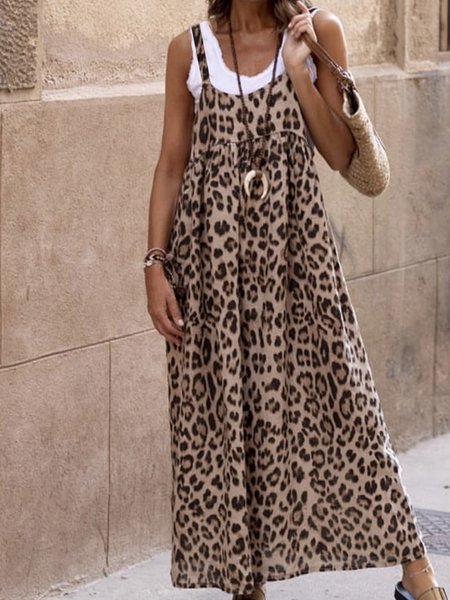 

Loosen Boho Leopard Spaghetti Weaving Dress, Maxi Dresses