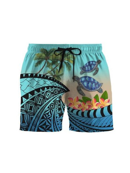 

Men's Palm Leaf Turtle Print Casual Stretch Drawstring Hawaiian Beach Shorts, Blue, Men's shorts
