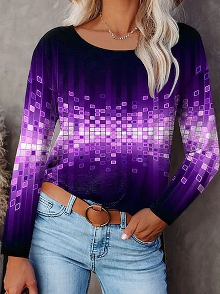 

Women's Geometric Painting Round Neck T shirt, Purple, Tops