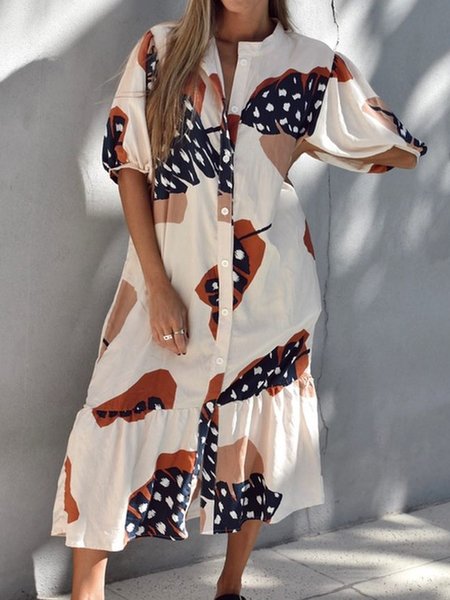 

Loosen Boho Floral Crew Neck Dresses, Flower, Midi Dresses