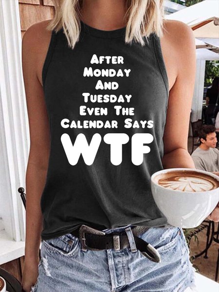 

WTF Print Crew Neck Sleeveless Tank Top, Deep gray, Tank Tops
