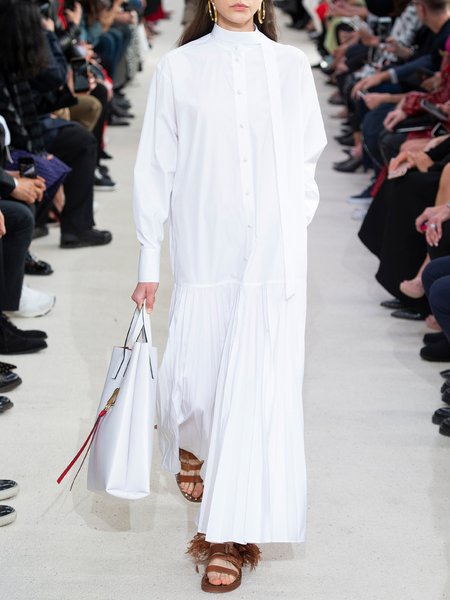 Elegant Stand Collar Solid Work Pleated Dress, White, Maxi Dresses
