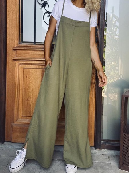 

Loosen Solid Casual Cotton Blends Pockets One-Pieces, Army green, Jumpsuits