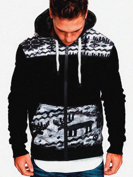 

Men's Folk Pattern Hooded Sweatshirt Jacket, Black, Outerwear