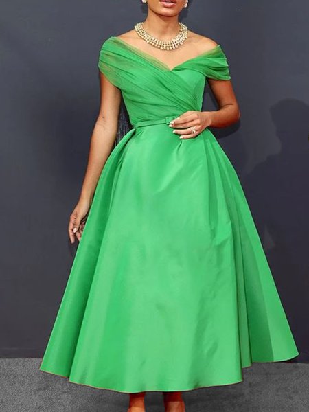 

Date Party V neck Plain Mesh Regular Fit Dress, Green, Midi Dresses